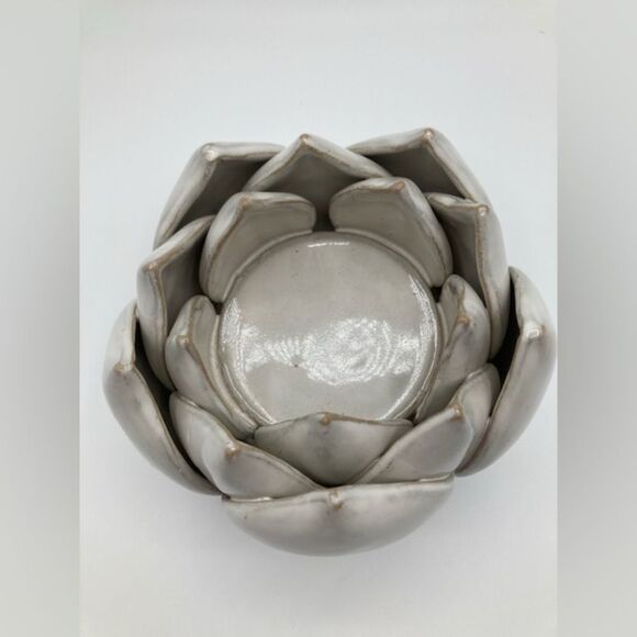 Arhaus White Lotus Water Lily Ceramic Centerpiece HEAVY Candle Holder - Picture 2 of 9